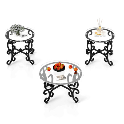 Ensemble de tables basses 3 pièces en verre trempé noir rustique pour le salon
