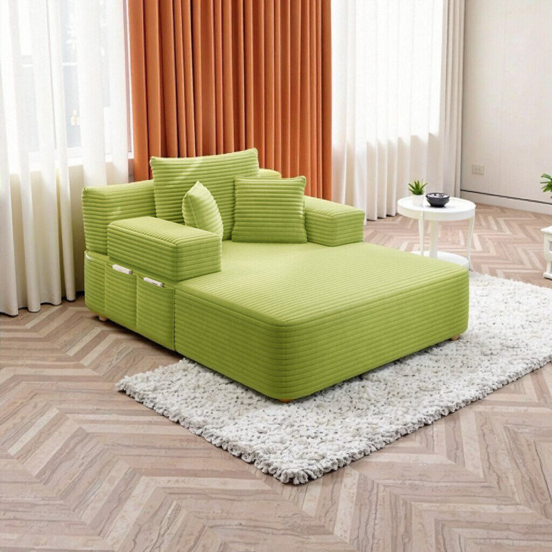Chaise longue convertible Resta en velours côtelé duveteux avec poches de rangement et 3 coussins, Vert