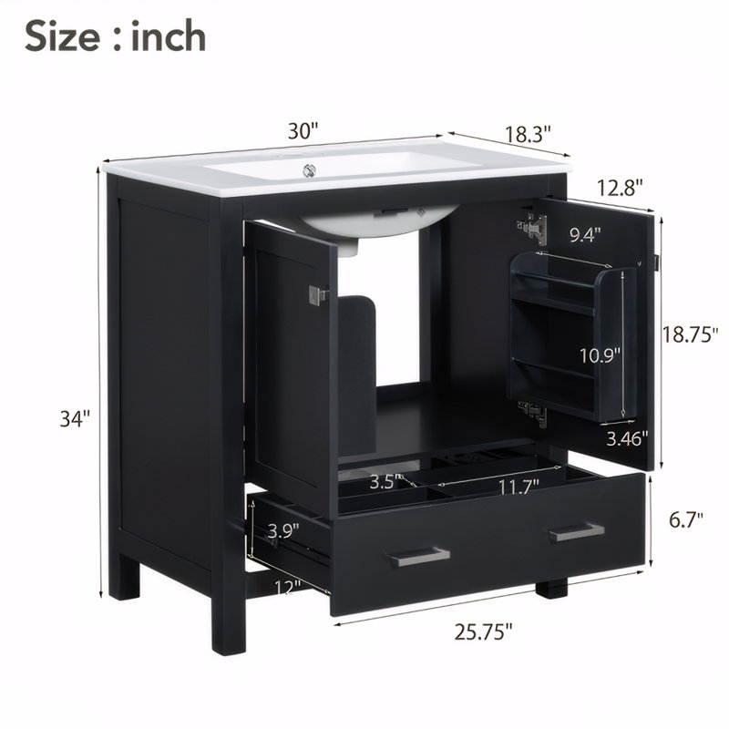 30" Bathroom Vanity with Single Sink, Combo Cabinet Undermount Sink, Bathroom Storage Cabinet with 2 Doors and a Drawer, Soft Closing, Multifunctional Storage, Solid Wood Frame