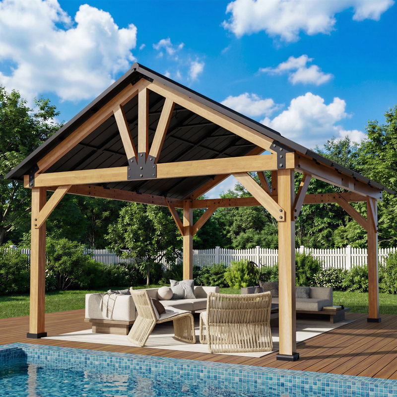 Pavillon de jardin permanent en métal L 13 pi. D Pavillon de jardin en bois massif d'extérieur, pavillon de jardin à toit rigide avec toit en acier galvanisé, pour patio, jardin, terrasse
