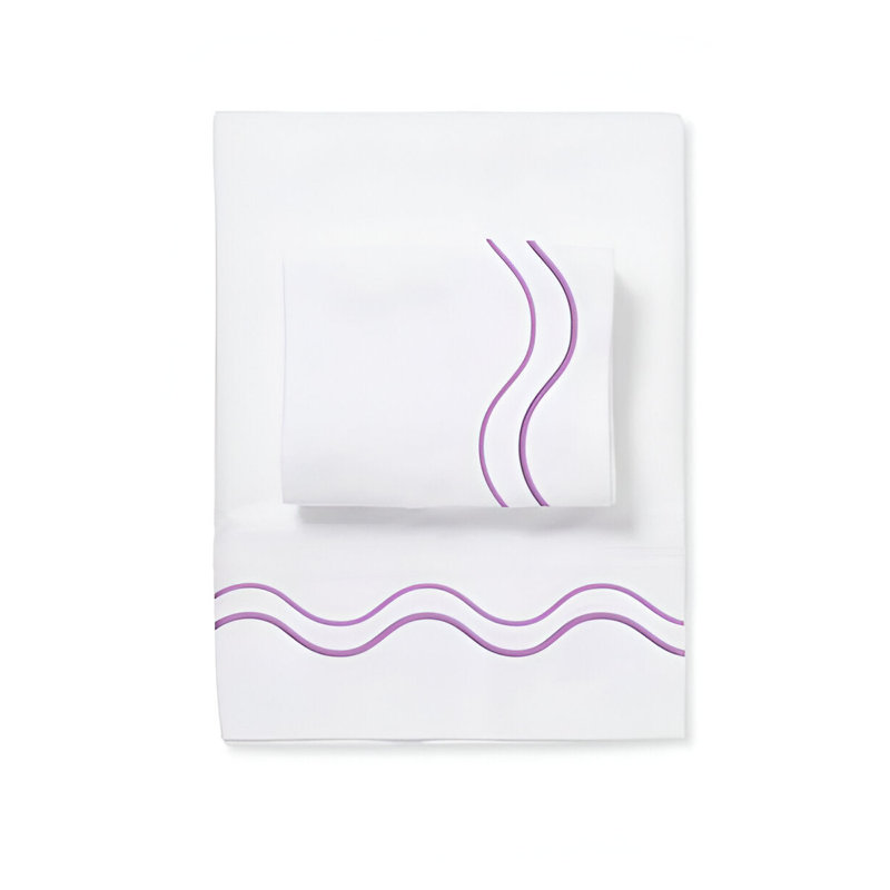 Double Wavy Embroidered Cotton 4 Piece Sheet Set Fitted Sheet Fits Upto 16" Deep Pocket, Lilac Border