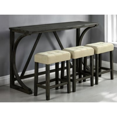 Table de salle à manger et tabourets 3 pièces de style transitionnel avec coussins de siège en tissu, beige brun pour une utilisation moderne, bois d'hévéa, pièce brun / beige