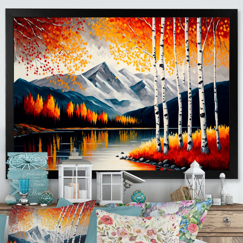 Bouleaux rouges et oranges au bord du lac III - Impression sur toile, H 12 po x l 20 po x P 1 po, Cadre photo noir