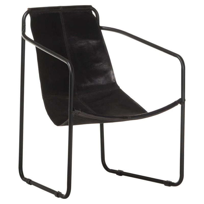 Fauteuil d'appoint Amitis avec cadre en fer pour le salon en cuir véritable, Cuir véritable noir