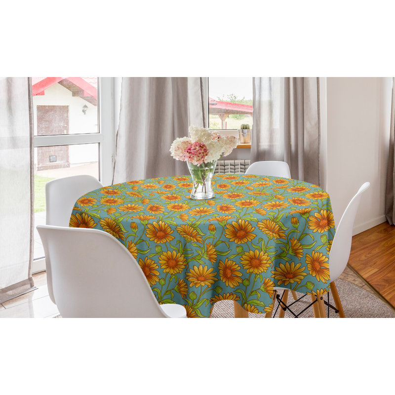 Ambesonne Floral Round Tablecloth, Continuous Pattern With Cartoonish Calendula Flowers, Circle Table Cloth Cover For Dining Room Kitchen Decoration, 60", Pale Teal Orange
