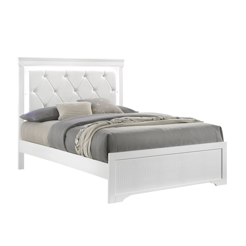 Lit simple rembourré de style moderne avec tête de lit à DEL et bois, Blanc