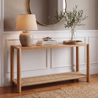 Console Lumen 61" de style moderne du milieu du siècle avec étagère en corde tressée, plateau en placage de chêne et pieds en bois d'hévéa pour salon et entrée