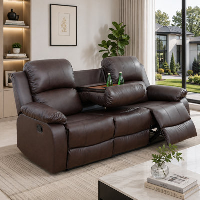 79" Premium Vegan Leather Reclining Living Room Sofa With Drop Down Table And Cup Holders