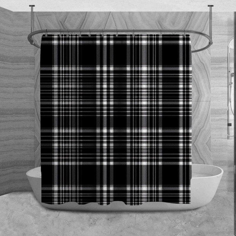Rideau de douche à carreaux en tartan noir / gris, H 84 po x l 70 po