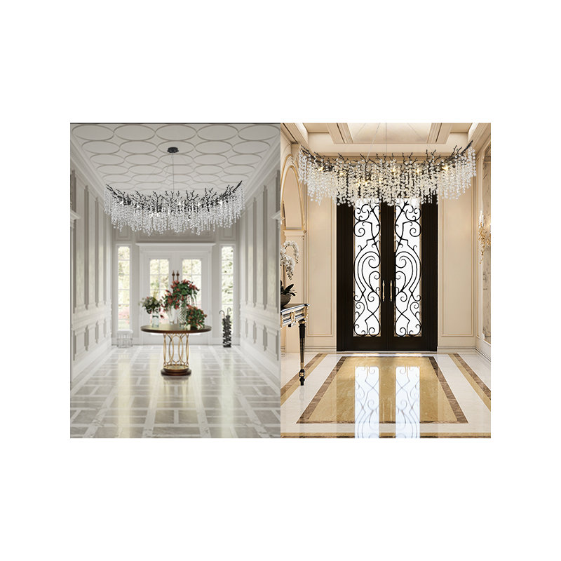 Tree Branch Snow Crystal Chandelier Lighting 63"L, Black/White