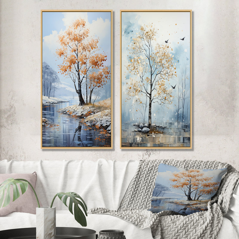 Doux tons de bleu érable - arbre érable, ensemble de 2 reproductions d'art sur toile, H 40 po x l 41 po, Cadre flottant brun
