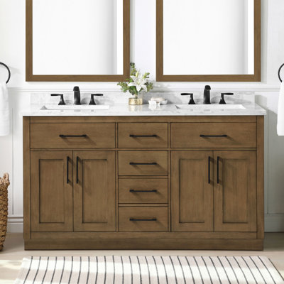 Athea 60 in. Double Sink Freestanding Almond Latte Bathroom Vanity with White Engineered Marble Top, Black Hardware