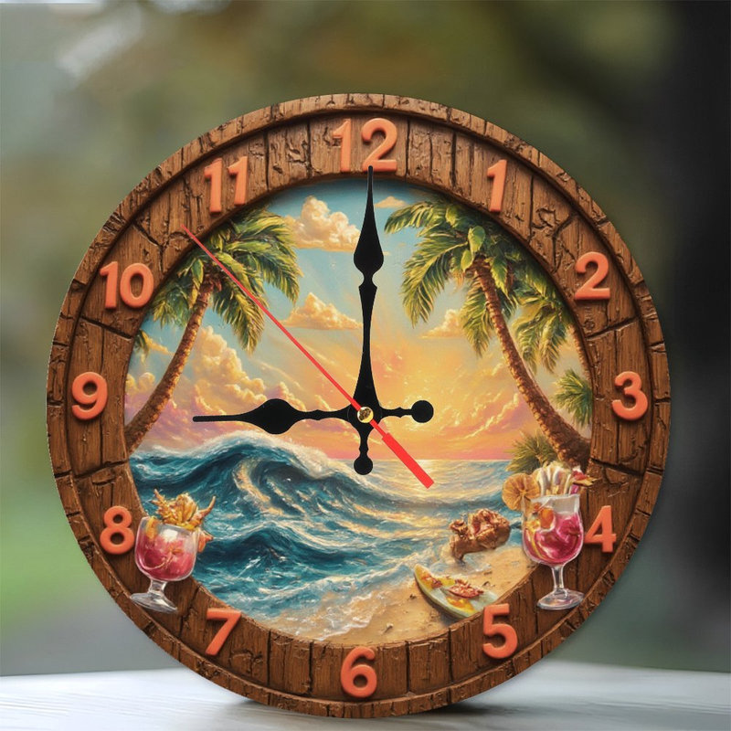 Horloge avec coucher de soleil sur la plage