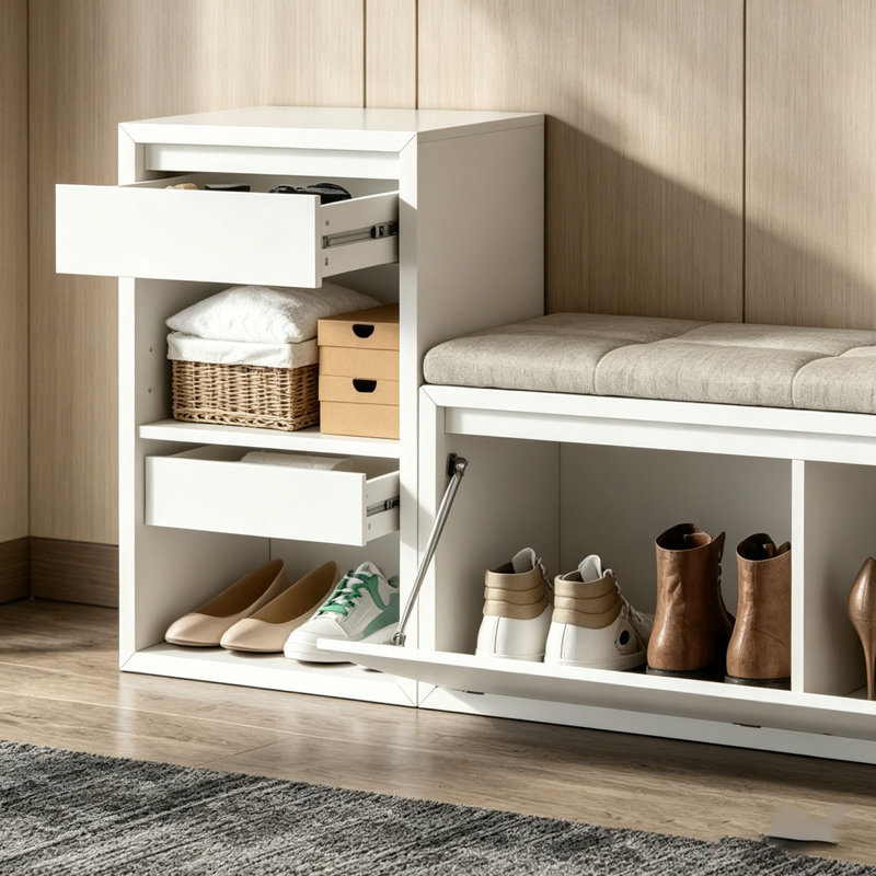 Banc de rangement tout-en-un avec coussin, compartiments, tiroirs et tablettes ouvertes, banc de rangement, Blanc