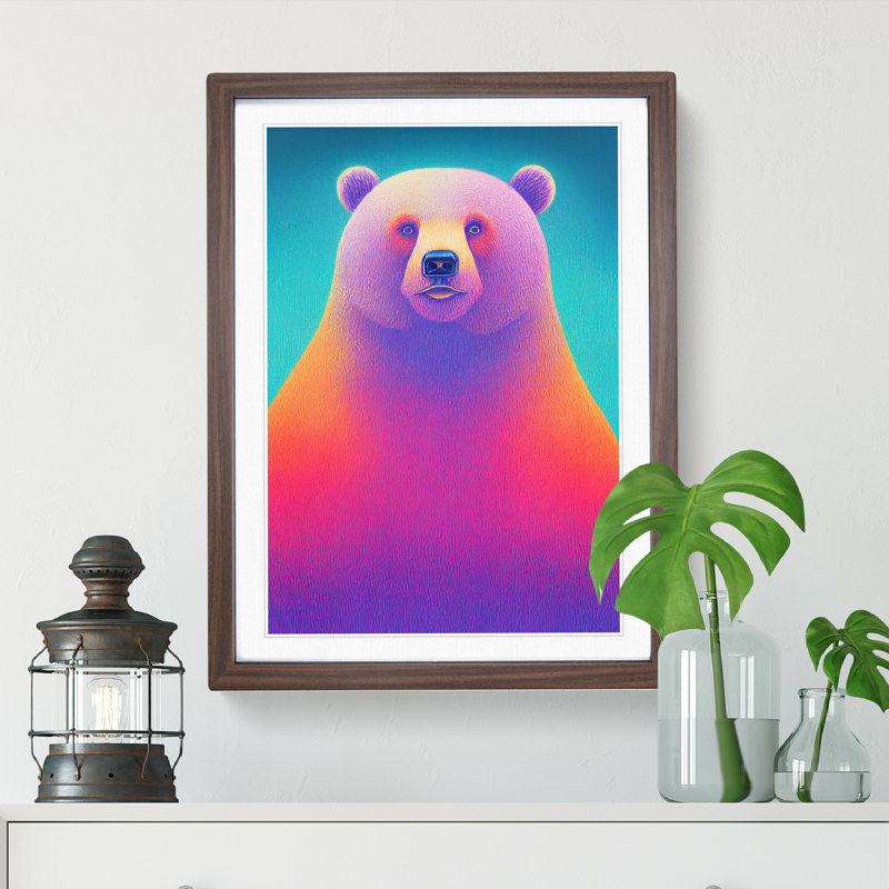 Colourful Bear - Print, 66cm H x 48cm W x 2cm D, Walnut Framed, White