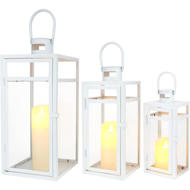 Metal Candle Lantern Set - Assorted Sizes (12/15/19 Inch), White