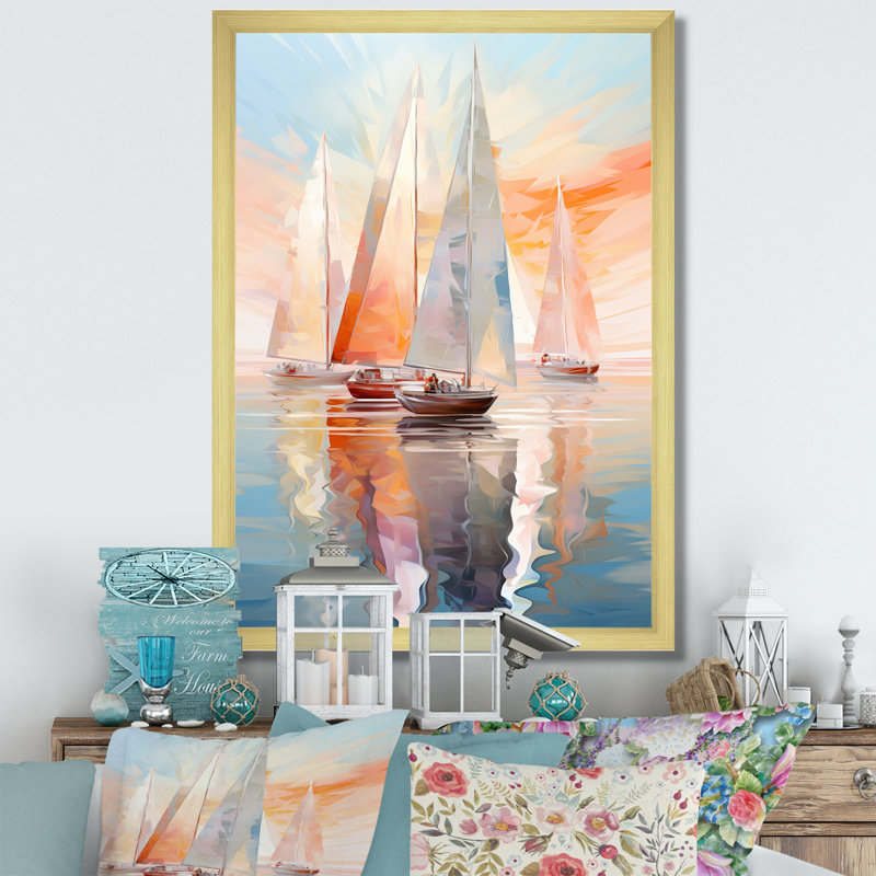 Minimalisme, voilier, rythme, art mural, Cadre doré simple, H 40 po x l 30 po x P 1,5 po