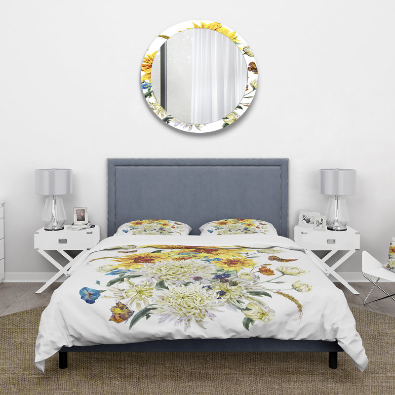 Ensemble de housse de couette traditionnel - Chrysanthèmes et tournesols rétro - Microfibre de polyester