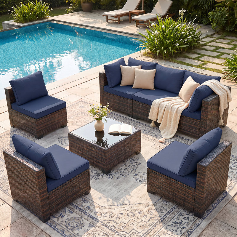 Ensemble de meubles de patio 7 pièces, ensemble de canapé modulaire en osier, ensemble de conversation modulaire en rotin avec coussins, ensemble de canapé et table basse pour l'extérieur, jardin, balcon, porche