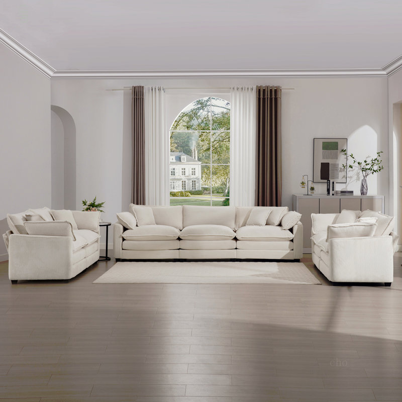 Ensemble de canapé de salon moderne en tissu 2 pièces, 2 canapés 2 places et 1 canapé 3 places, ensemble de 3 canapés rembourrés avec coussins et coussins confortables, tissu velours côtelé beige clair