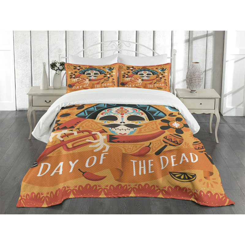 Ambesonne Sugar Skull Bedspread Set Trumpet Player Multicolor, King Bedspread + 2 Standard Shams