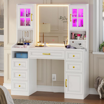 Vanity Desk With Touch Screen Mirror And Lights & Charging Station, Large Makeup Vanity With Rgb Light Cabinets, 6 Drawers, 5 Jewelry Hooks, Vanity Ta by Ivy Bronx