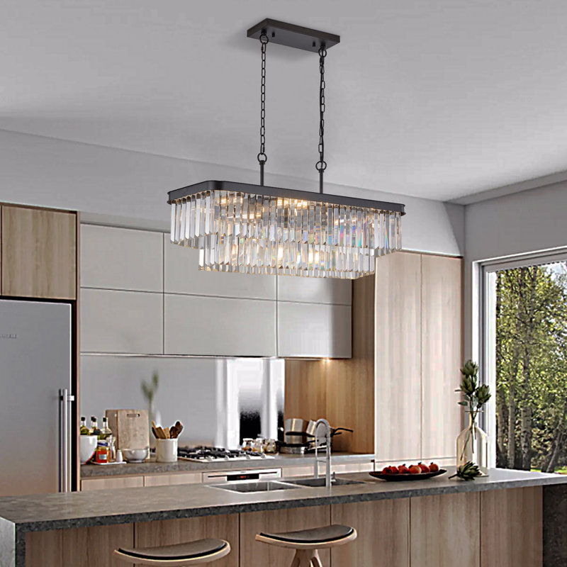 Lustre - S, cristal rectangulaire réglable, lumières de cristal de style industriel E12 de style moderne, plafonnier en fer de style campagnard