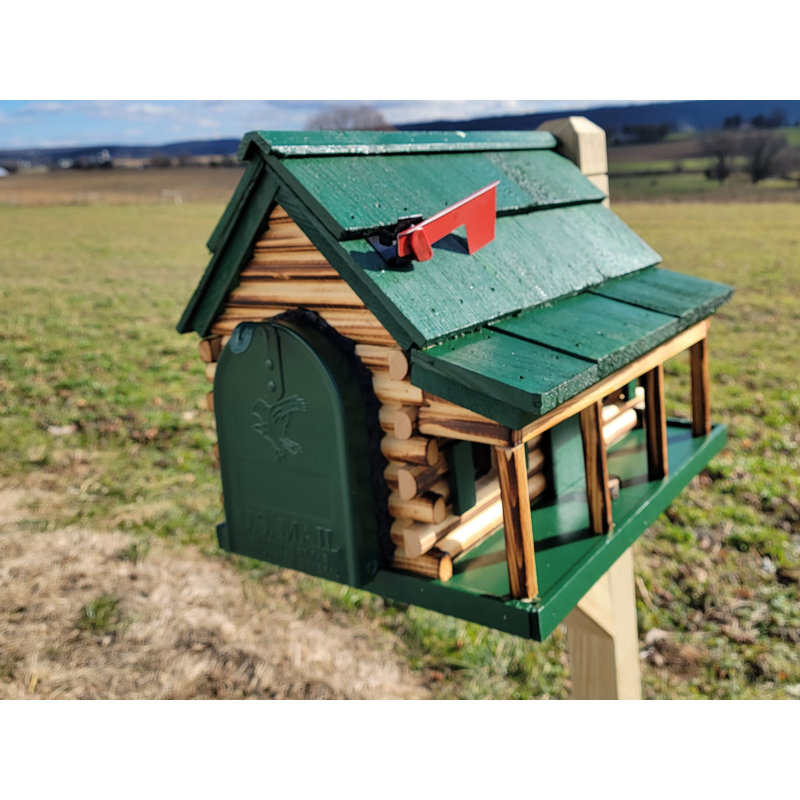 Amish Log Cabin Mailbox, Handmade, Green Door/Porch