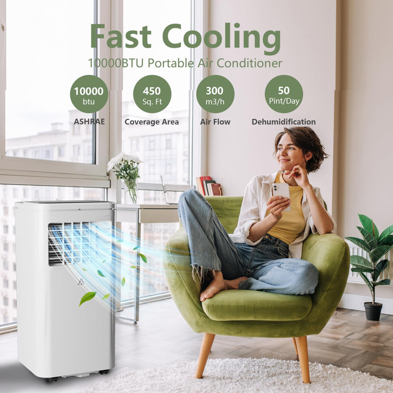 Climatiseur portatif 10 000 BTU, unité de climatisation 4 en 1 avec télécommande, refroidissement silencieux pour les pièces jusqu'à 450 pieds carrés