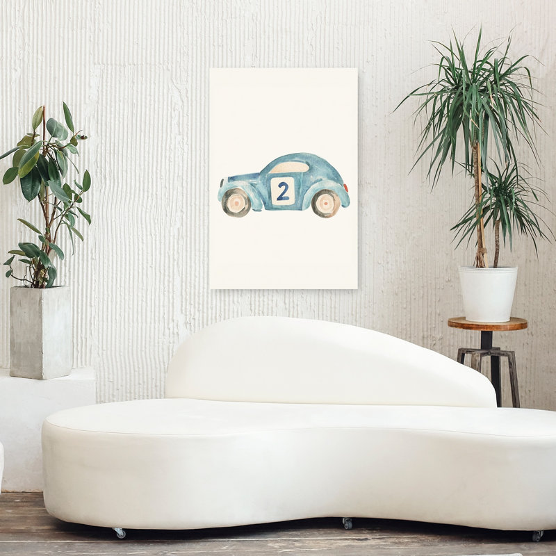 Cute Blue Race Car Contemporary Wall Art Print by Mathieu - Wrapped Canvas Print, 91.44cm H x 60.96cm W