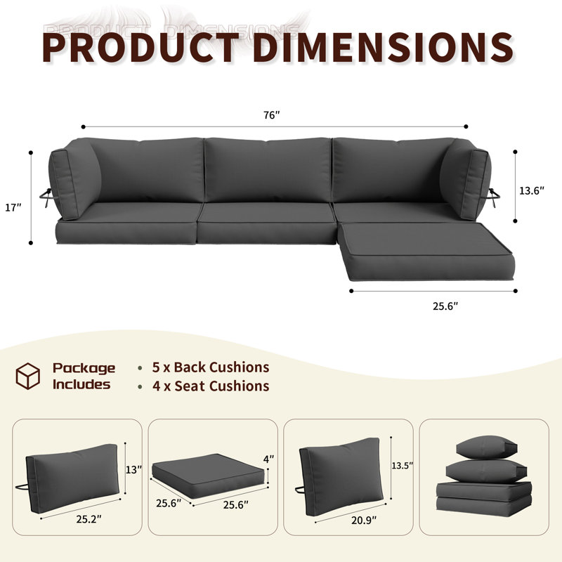 Ensemble de coussins de remplacement pour l'extérieur - Comprend 3 coussins de siège, 3 coussins de dossier, 2 coussins de dossier courts et 1 coussin de repose-pieds.