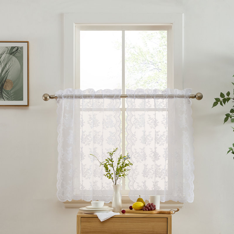 Stefani Floral Rod Pocket Lace Semi Sheer Voile Short Cafe Tiers for Small Windows - Set of 2, 36" L x 28" W, White