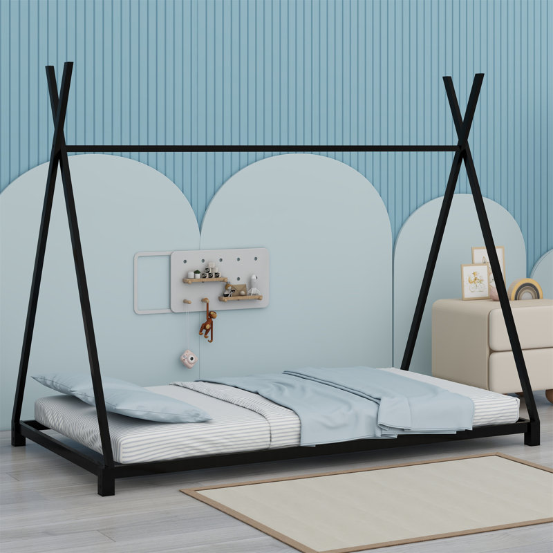 Metal House Platform Bed With Triangle Structure, Black