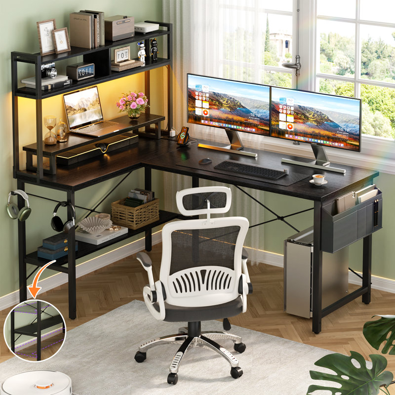 L Shaped Computer Desk with Monitor Stand and Storage Shelf, 49'' Small Corner Desk For Home & Office, Black