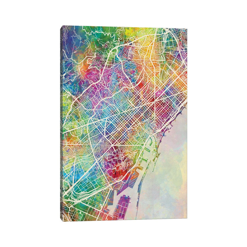 Barcelona Spain Map Color by Michael Tompsett - 1 Piece Wrapped Canvas Wall Art, 101.6 cm H x 66.04 cm W x 1.91 cm D