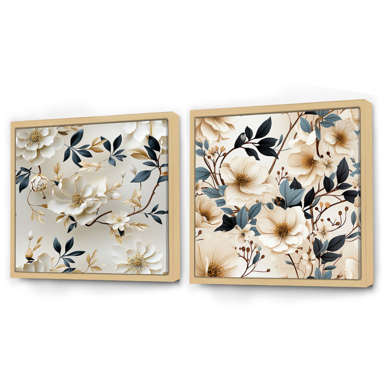 Luka - Ensemble de 2 collages carrés floraux, Cadre flottant brun, H 16 po x l 33 po