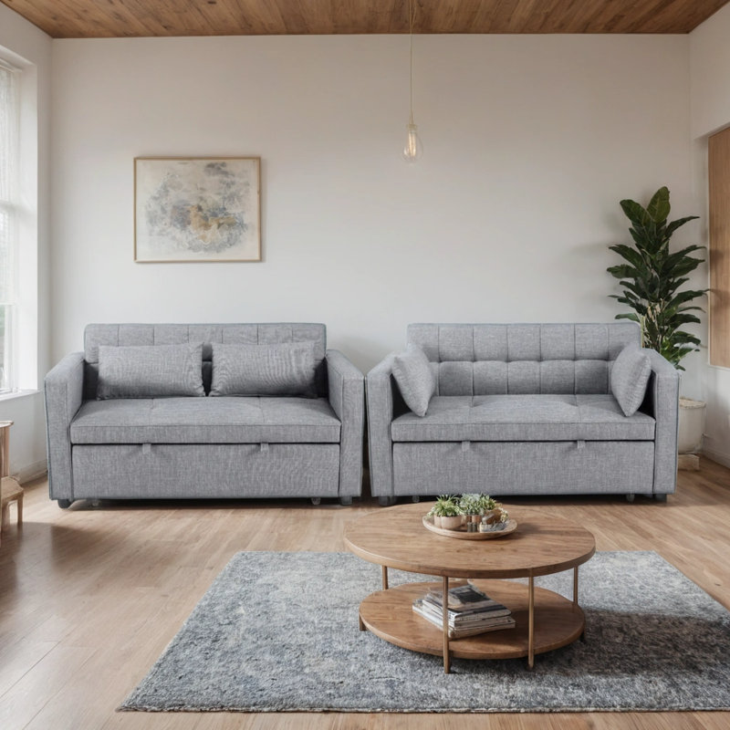 Futon-lit 55,5 po en lin avec coussins décoratifs 55,5 po, Mélange de lin gris