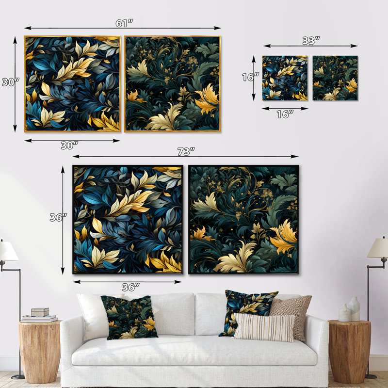 Feuille bleue et verte Harmony - Ensemble de 2 collages floraux et botaniques carrés, Cadre flottant noir, H 36 po x l 73 po