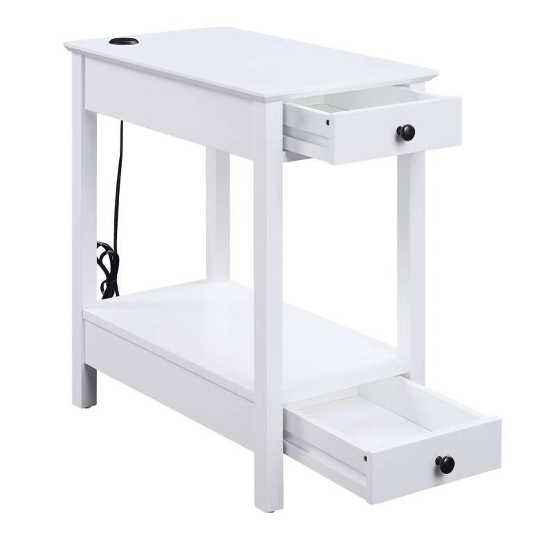 Table d'appoint blanche avec charge, 2 tiroirs et options de rangement polyvalentes