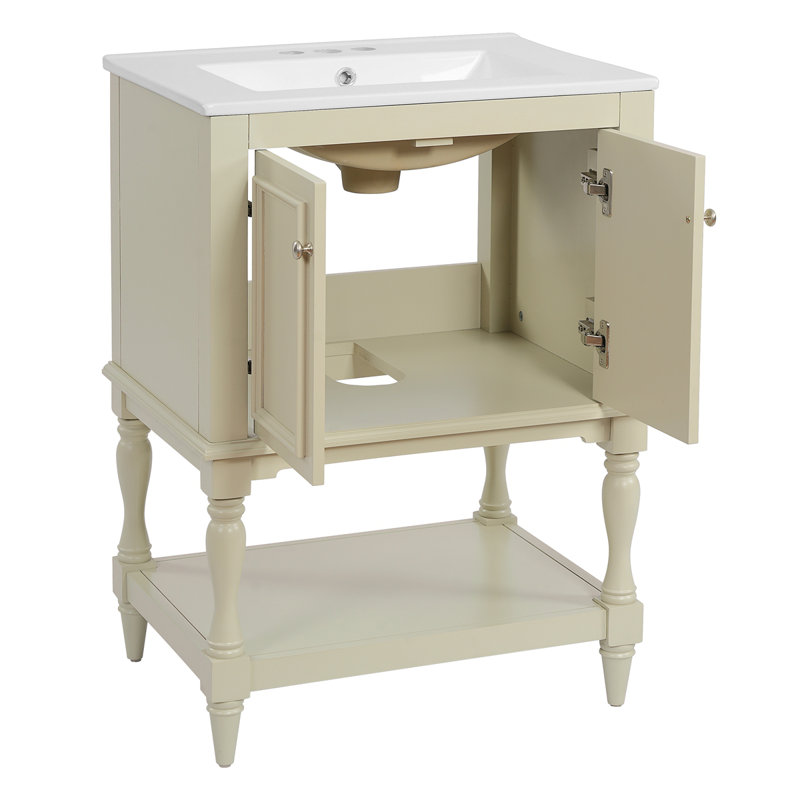 Meuble-lavabo de luxe moderne de 24 po avec lavabo en céramique, meuble de salle de bain avec tablette ouverte et rangement fermé