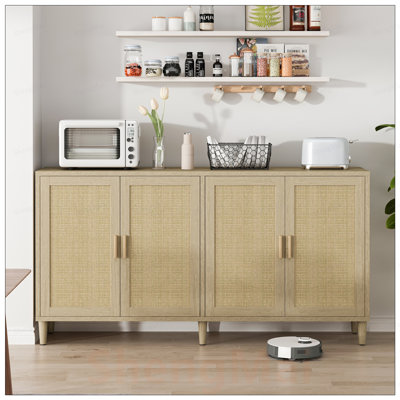Rattan Buffet Cabinet With Storage, 4-Door Sideboard Buffet Cabinet With Adjustable Shelves For Kitchen, Living Room And Dining Room, Easy Assembly