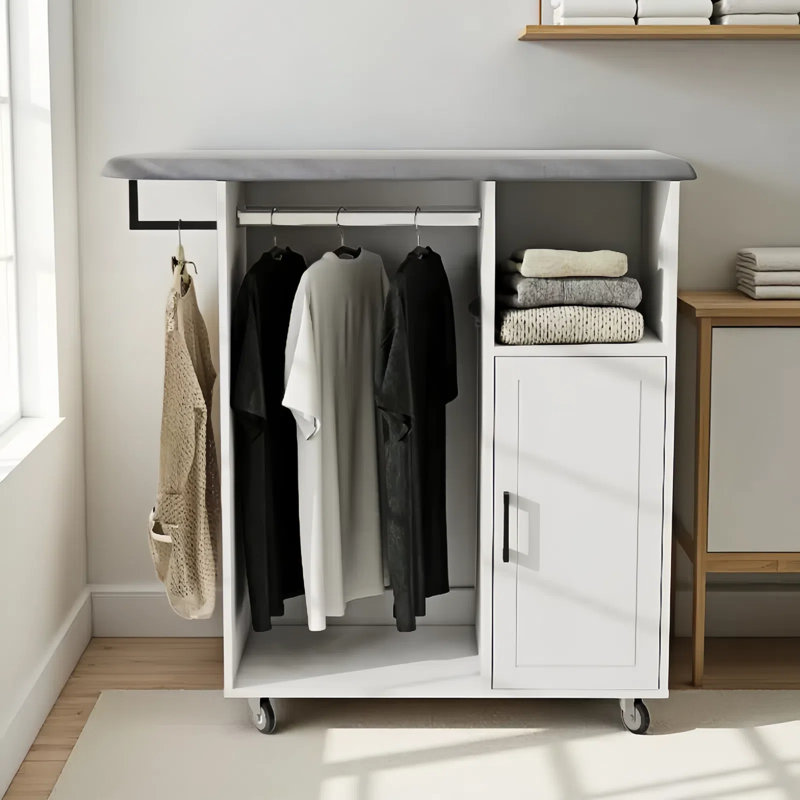Foldable Ironing Board Cart On Wheels - Space-Saving Rolling Ironing Station With Storage Shelf