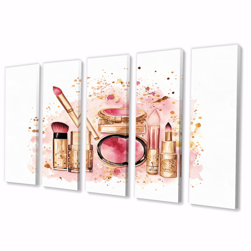 Rose cosmétique Boho Chic Beauty III - Articles de toilette sur toile - 5 panneaux égaux