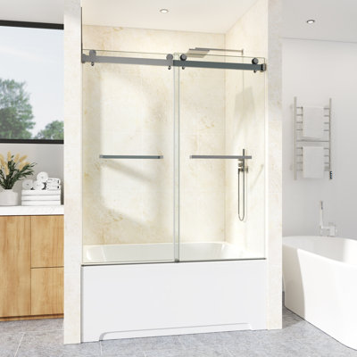 68-73" W X 60" H Frameless Double Sliding Tub Door with 3/8" (10mm) Clear Tempered Glass, Shatter-Resistant Film & Installation Hole Locator
