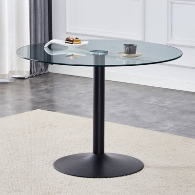 Table de salle à manger ronde de 40 po en verre trempé transparent avec support et base en métal noir, verre renforcé, pulvérisation de tuyaux en fer, convient aux restaurants, salons et salles de conférence