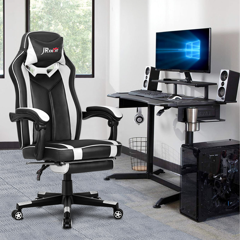 JR Knight Adjustable Reclining Ergonomic Faux Leather Swiveling PC & Racing Game Chair with Footrest, Black/White