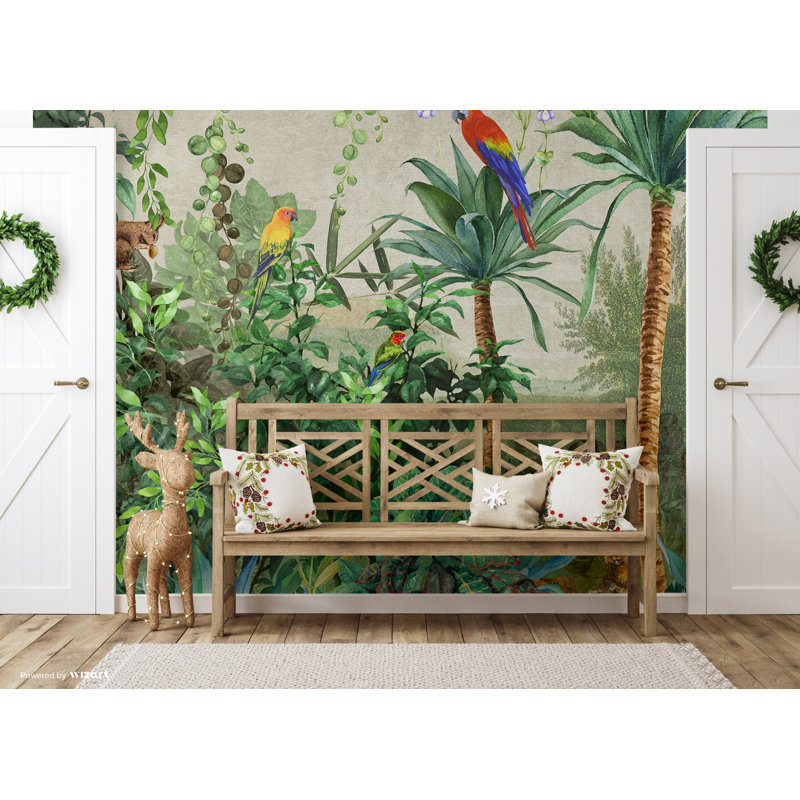 Papier peint jungle enchantée, oiseaux tropicaux et feuillage, L 117,96 po x l 131 po, Vert