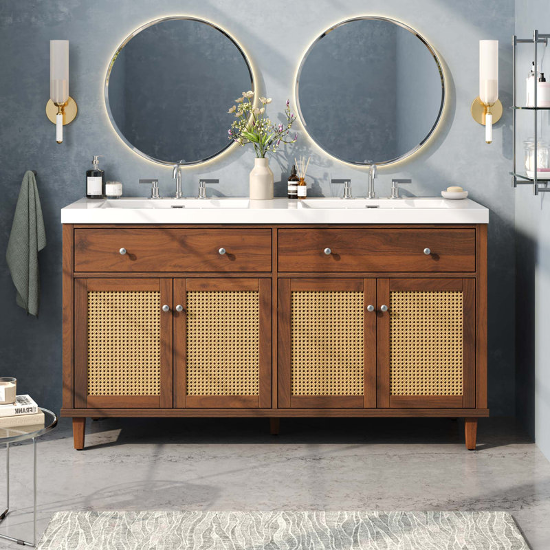 Meuble-lavabo moderne à double vasque avec rangement à fermeture en douceur et support pour pieds en pin