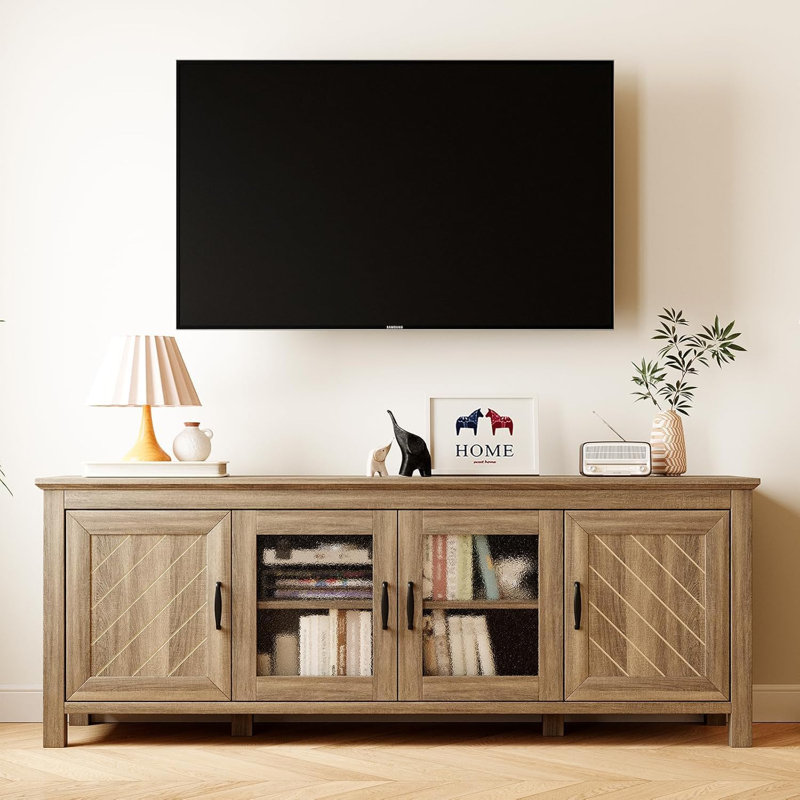 Meuble télé 59 po pour téléviseur de 65 po ou moins, centre de divertissement avec tablettes de rangement ouvertes