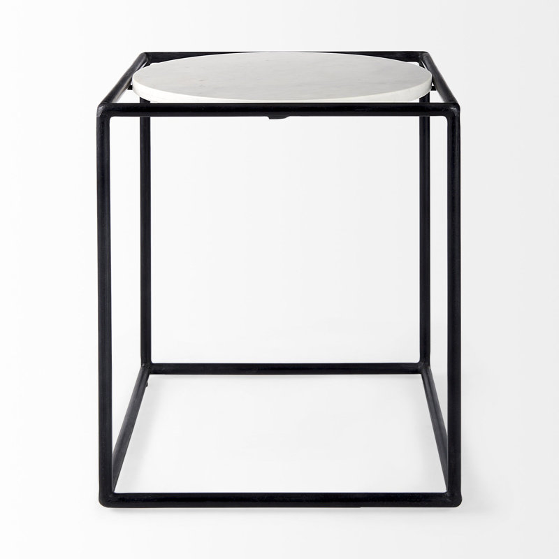 Black Metal Cube Base End Table with White Marble Top